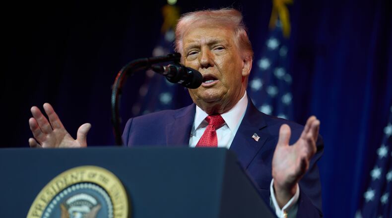 President Donald Trump speaks to House Republican lawmakers during their annual policy retreat, Tuesday, Jan. 6, 2026, in Washington. (AP Photo/Evan Vucci)