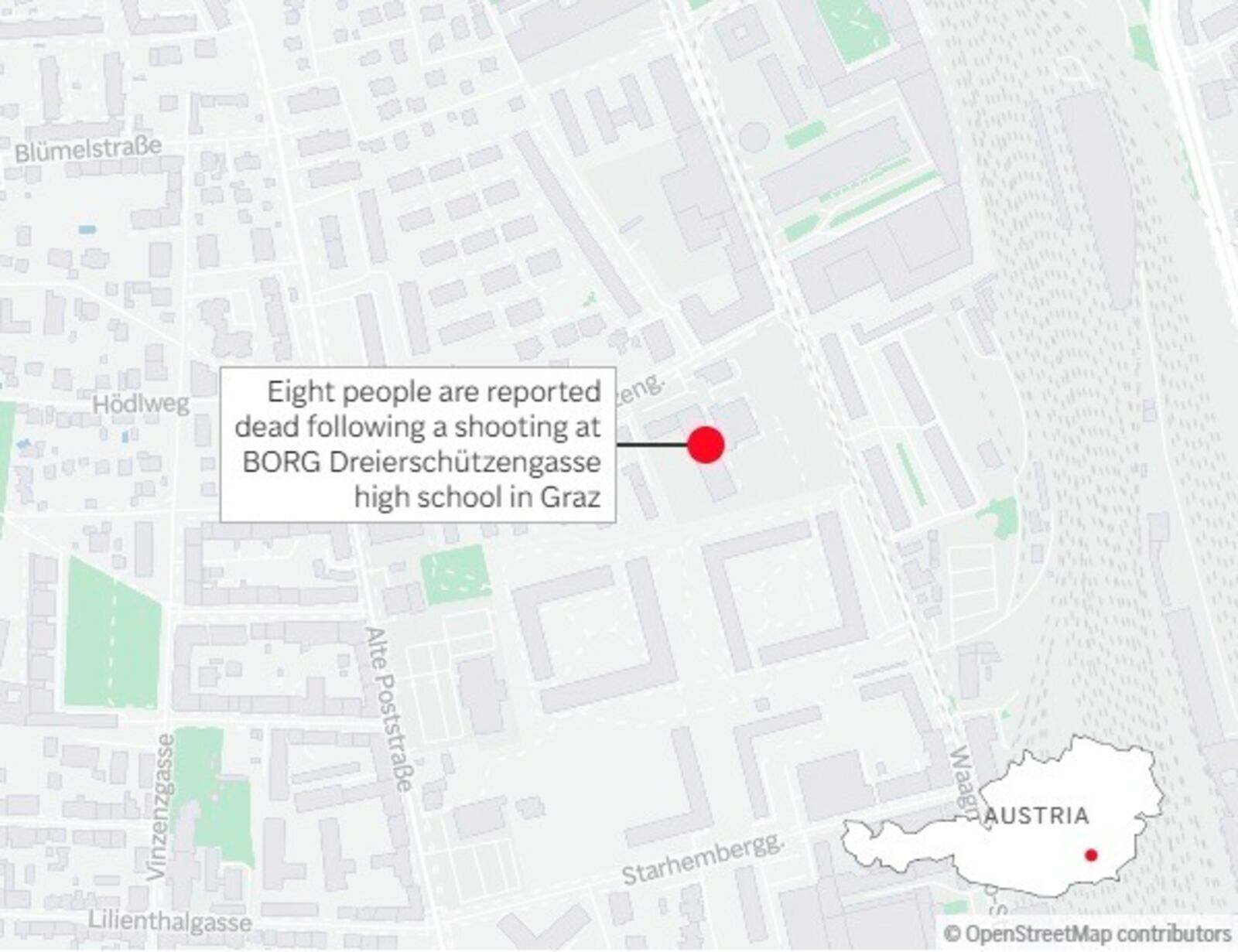 Eight people are reported dead following a shooting at BORG Dreierschützengasse High School in Graz. (AP Graphic)