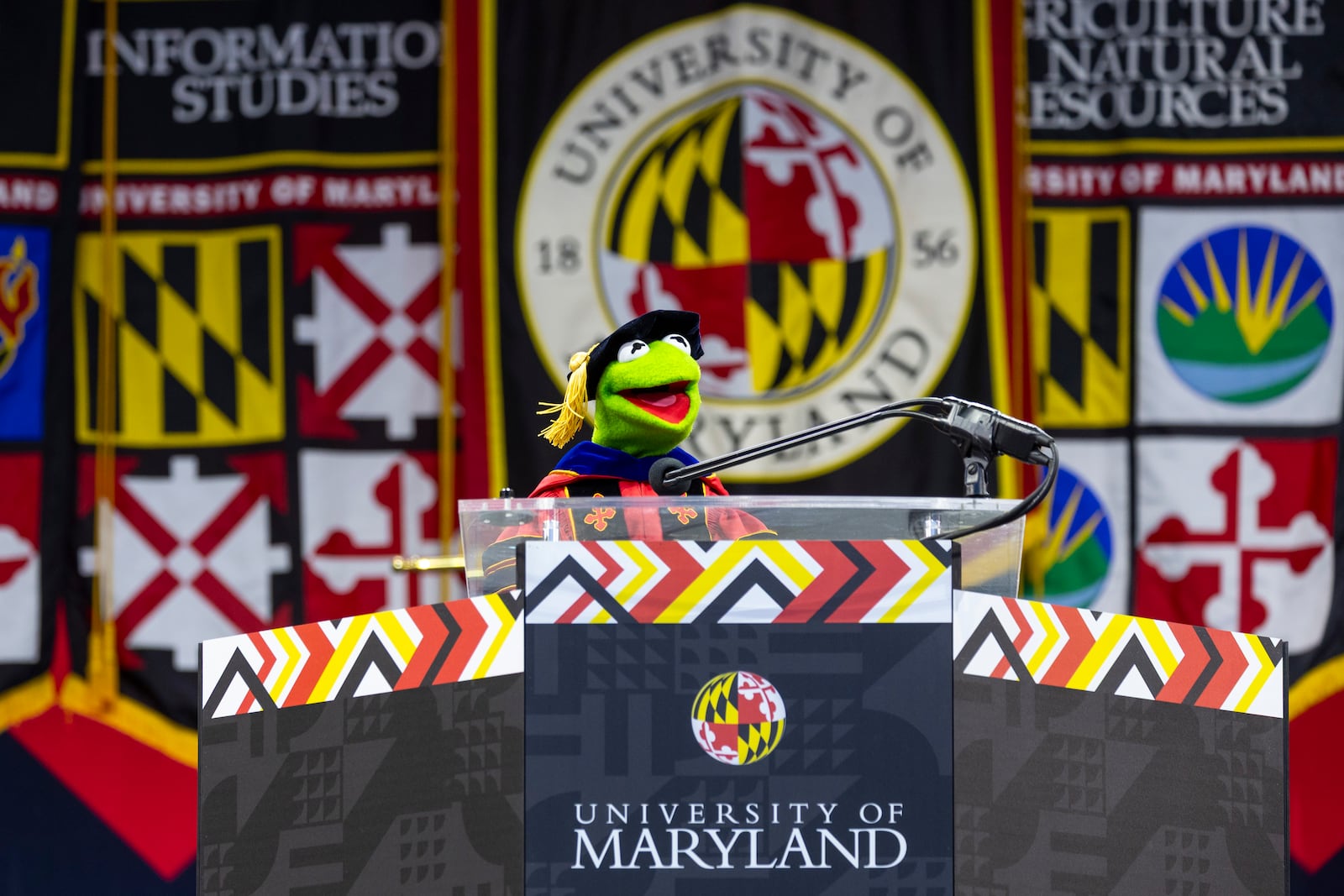 Kermit the Frog speaks during University of Maryland's commencement ceremony on Thursday, May 22, 2025, in College Park, Md. (Stephanie S. Cordle/University of Maryland via AP)