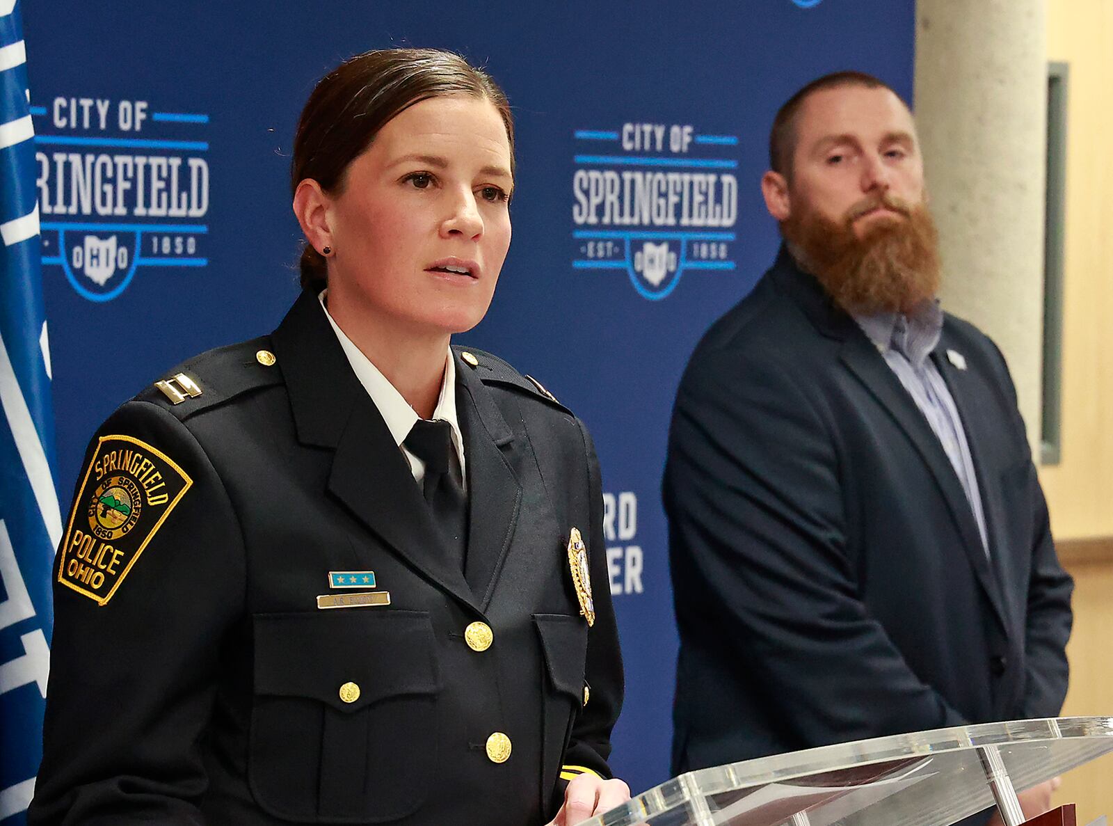 Capt. Allison Elliott, the new Springfield Police Chief, speaks during a press conference announcing her position Monday, Dec. 19, 2022 during a press conference at City Hall. BILL LACKEY/STAFF