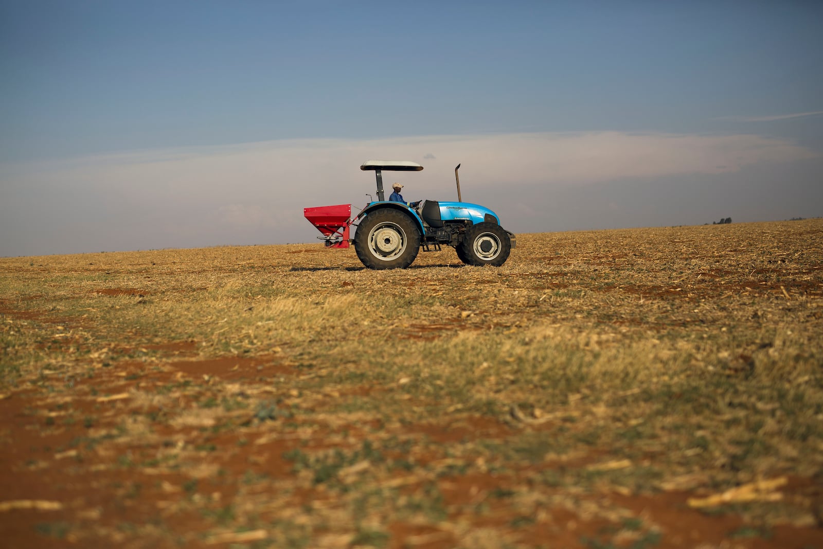 FILE- A farm hand spreads fertilizer on John Rankin's commercial farm in Gerdau, South Africa, Nov. 19, 2018. (AP Photo/Jerome Delay, File)