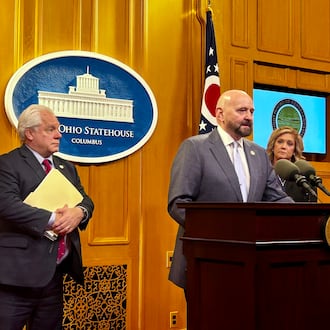 Rep. Tom Young, R-Washington Twp., addresses the media alongside Rep. Phil Plummer, R-Butler Twp., and Ohio Department of Children and Youth Director Kara Wente on Jan. 14, 2026. AVERY KREEMER/ STAFF