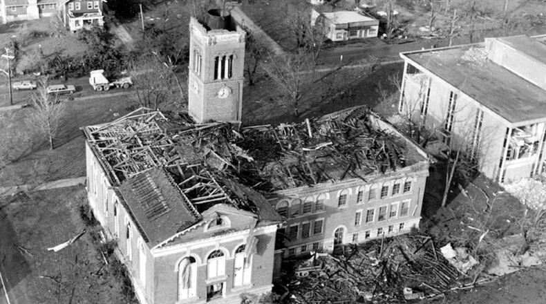 A tornado destroyed over 80 percent of the Central State University campus on April 3, 1974. Four people were killed and more than 20 others were injured. Thirteen buildings were destroyed and 29 others damaged. The damage amounted to $30 million. DAYTON DAILY NEWS ARCHIVE