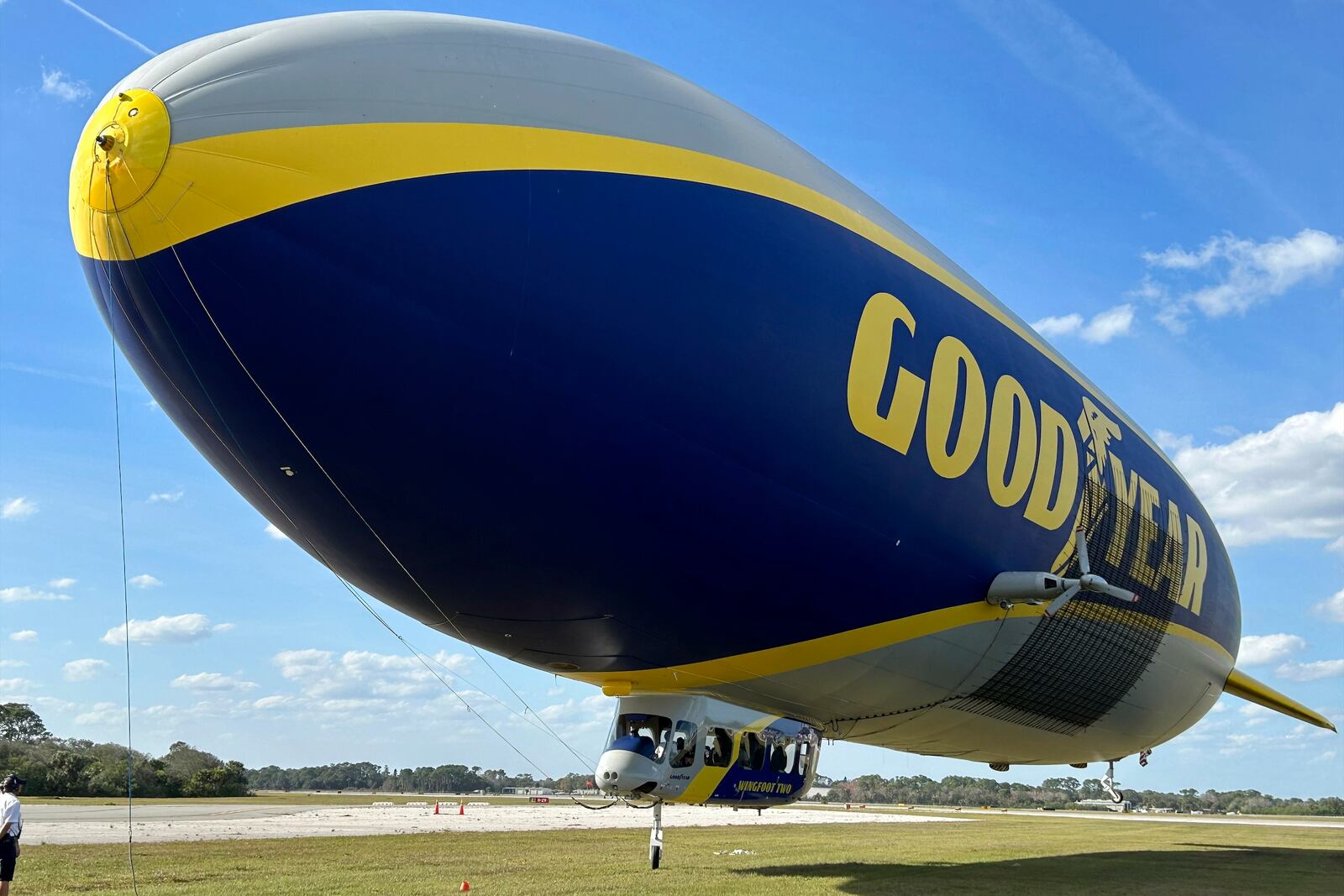 FILE - The Goodyear Blimp is prepared for takeoff, Wednesday, Feb. 12, 2025, in New Smyrna Beach, Fla. (AP Photo/Mark Long, File)