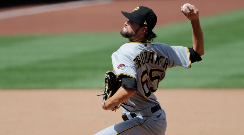 Pittsburgh Pirates starting pitcher JT Brubaker throws during the sixth inning of a baseball game against the St. Louis Cardinals Sunday, July 26, 2020, in St. Louis. (AP Photo/Jeff Roberson)