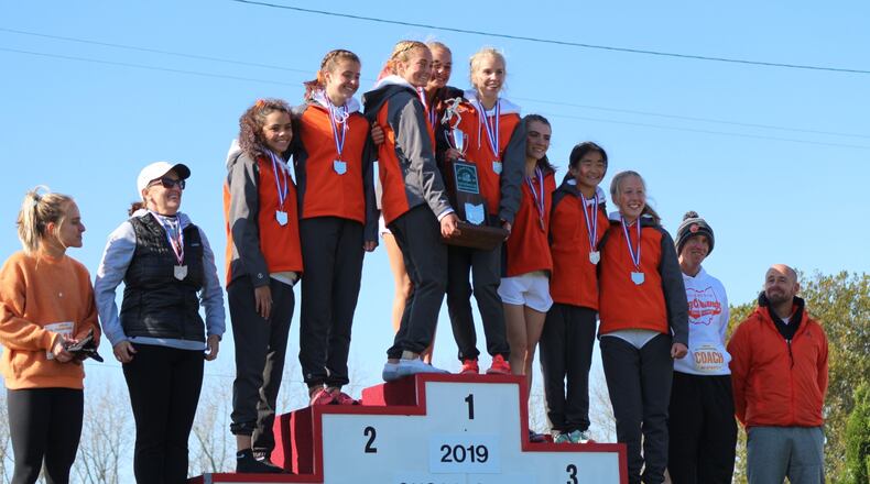 The West Liberty-Salem girls cross country team finished as Division III state runners-up in Saturday’s race at National Trail Raceway in Hebron/ Greg Billing/CONTRIBUTED