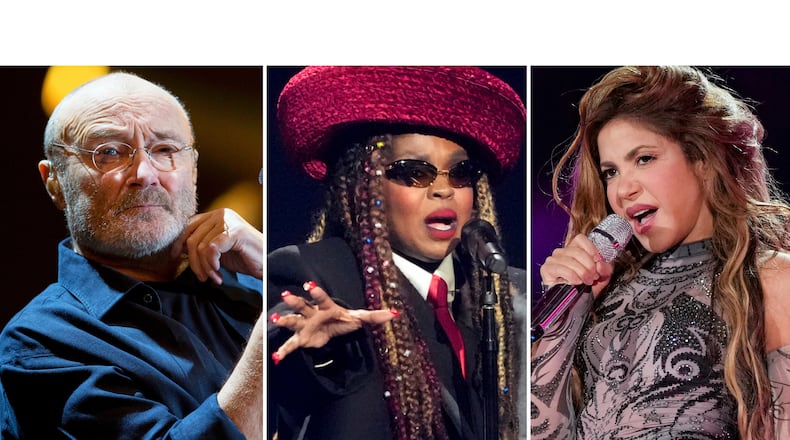 Phil Collins performs at Palacio de los Deportes in Mexico City on March 9, 2018, left, Lauryn Hill performs during the draw for the 2026 soccer World Cup in Washington on Dec. 5, 2025, center, and Shakira performs during the Global Citizen Festival in New York on Sept. 27, 2025. (AP Photo)