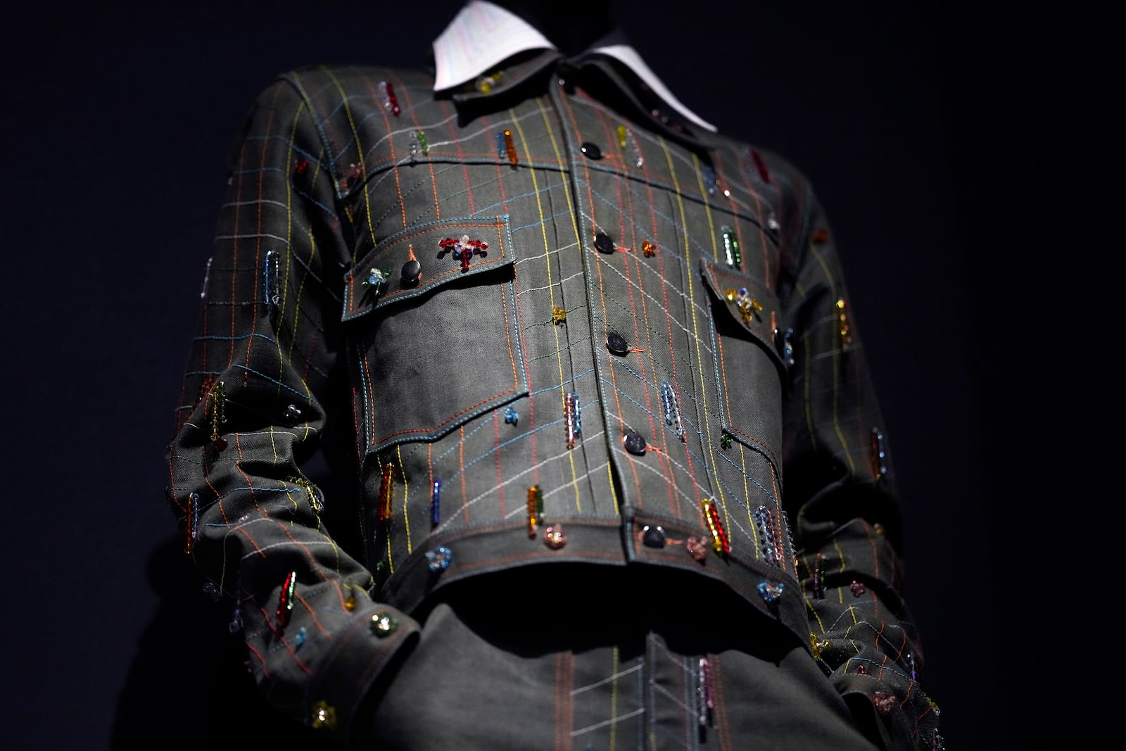 A design by Jacques Agbobly is displayed at the Metropolitan Museum of Art's Costume Institute exhibition, "Superfine: Tailoring Black Style," on Saturday, May 3, 2025, in New York. (Photo by Charles Sykes/Invision/AP)