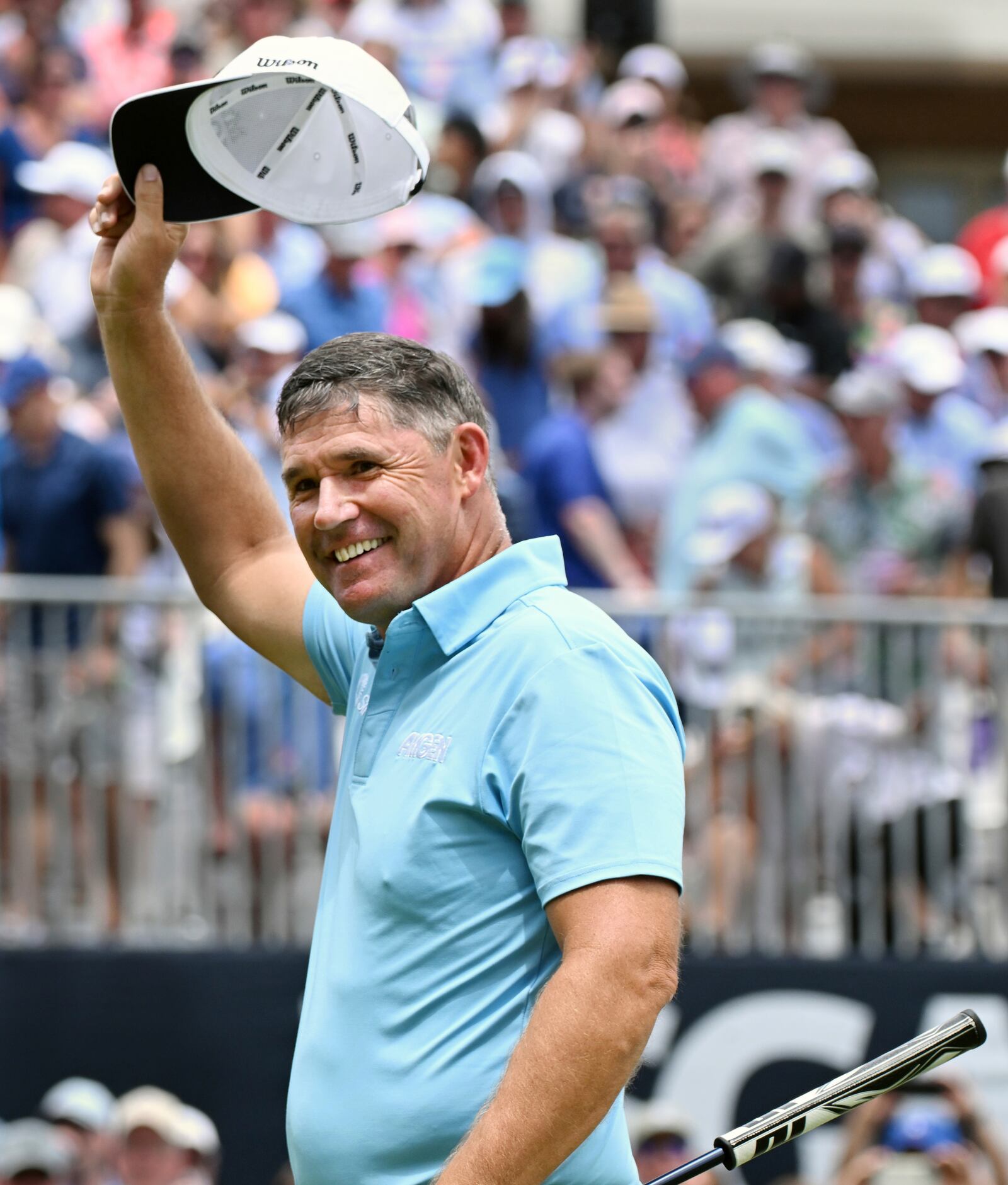 Padragh Harrington waves his hat to the crowd after winning the U.S. Senior Open golf championship at the Broadmoor Golf Club, Sunday, June 29, 2025, in Colorado Springs, Colo. (Jerilee Bennet/The Gazette via AP)