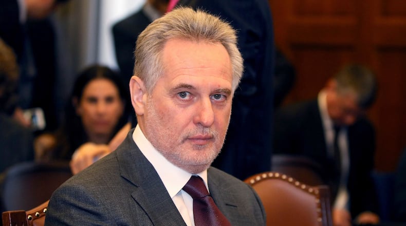 FILE - Ukrainian oligarch Dymitro Firtash waits for the start of his trial at the courts of justice in Vienna, Austria, Feb. 21, 2017. (AP Photo/Ronald Zak, File)