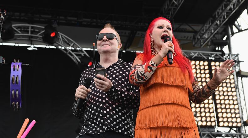 SAN PEDRO, CA - OCTOBER 29: Singer Fred Schneider (Left) and singer Kate Pierson (Right) of the The B-52's perform on stage at the Growlers 6 festival at the LA Waterfront on October 29, 2017 in San Pedro, California.  (Photo by Matt Cowan/Getty Images)