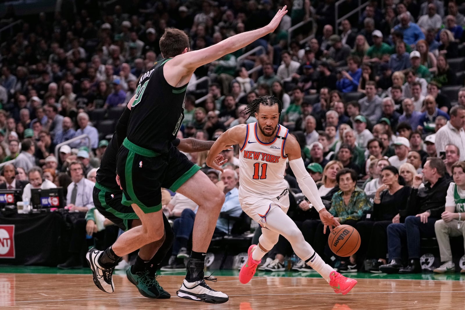 during the second half of Game 5 of an NBA basketball second-round playoff series, Wednesday, May 14, 2025, in Boston. (AP Photo/Charles Krupa)