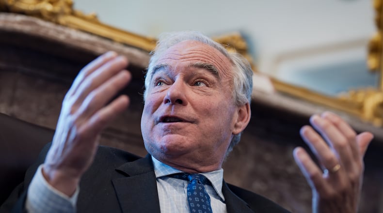 Sen. Tim Kaine, D-Va., meets with reporters to discuss President Donald Trump's strategy on tariffs, at the Capitol in Washington, Tuesday, Oct. 28, 2025. (AP Photo/J. Scott Applewhite)