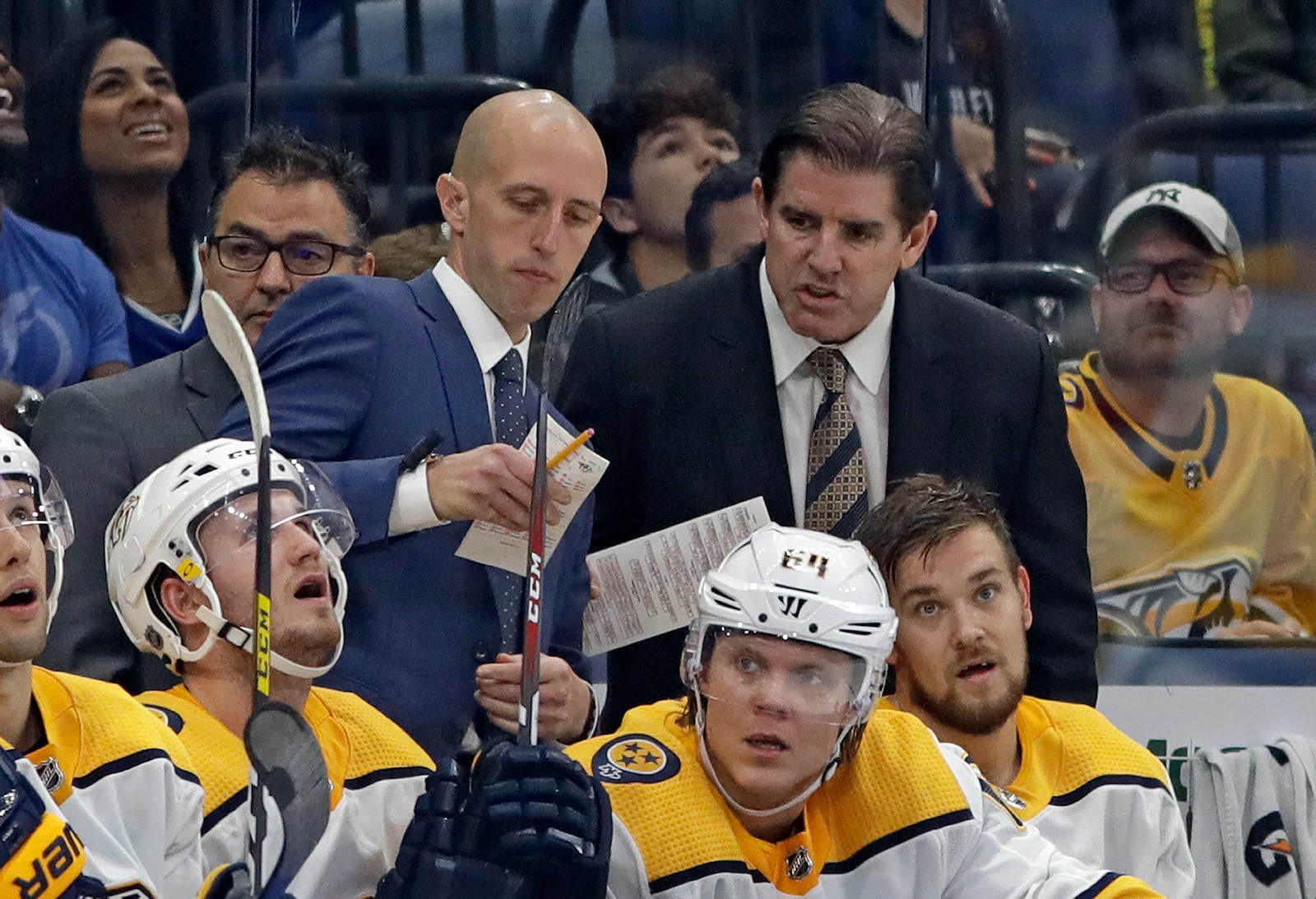 FILE - Nashville Predators head coach Peter Laviolette, right, and assistant coach Dan Muse during the third period of an NHL hockey game against the Tampa Bay Lightning, Oct. 26, 2019, in Tampa, Fla. (AP Photo/Chris O'Meara, File)