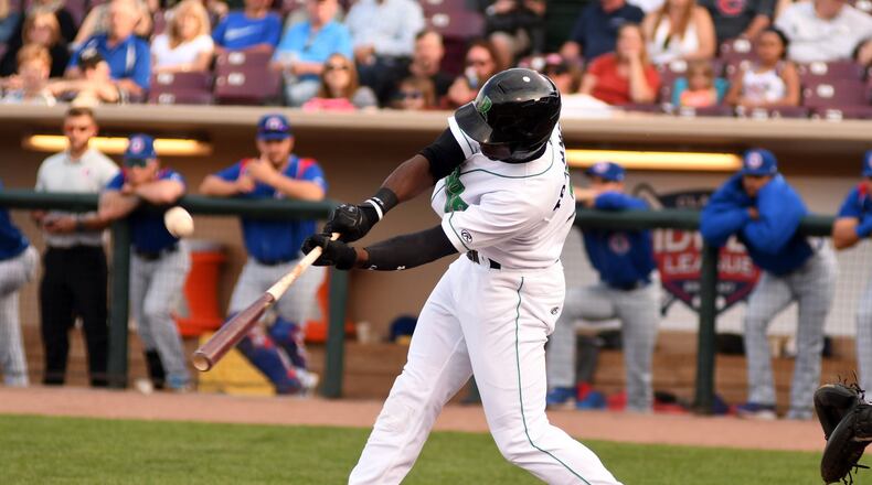 Dragons outfielder Taylor Trammell takes a cut during Tuesday’s game vs. South Bend at Fifth Third Field. Nick Falzerano/Contributed photo