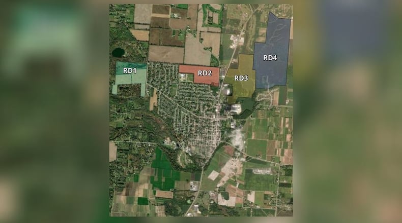 The City of New Carlisle is planning for the potential of four new residential developments at New Carlisle Road, west of Scarff Road (RD); Addison Carlisle Road, north of the Northwoods subdivision (RD2); on the east side of 235 north of the Chrysler dealership (RD3); and one north of Twin Creeks (RD4). Contributed
