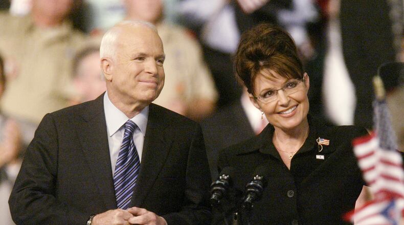 Sen. John McCain introduced Sarah Palin, the governor of Alaska as his running mate Friday Aug. 29 at the Nutter Center in Fairborn.  Staff photo by Lisa Powell.