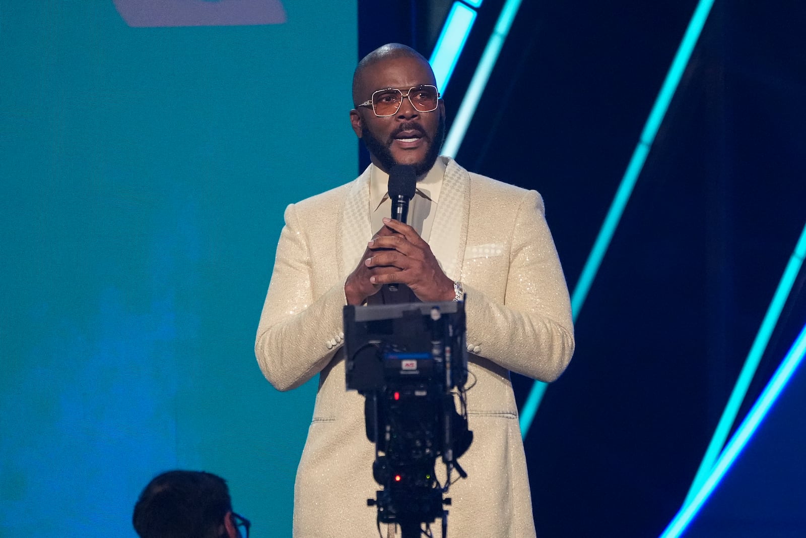 Tyler Perry speaks during the BET Awards on Monday, June 9, 2025, at the Peacock Theater in Los Angeles. (AP Photo/Chris Pizzello)