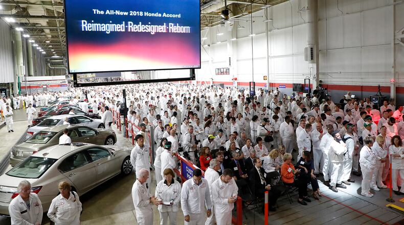 Hundreds of Honda Asoociates gathered for the unveiling of the all new 2018 Honda Accord at the Marysville plant. Bill Lackey/Staff