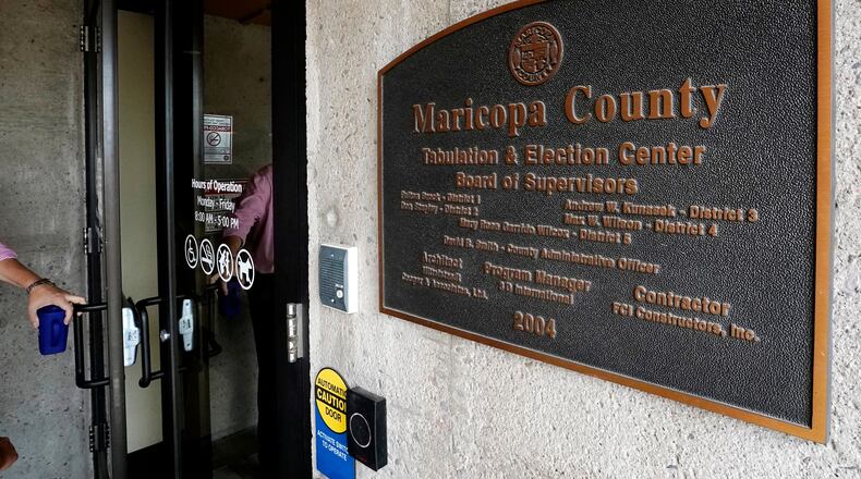 FILE - The main entrance at the Maricopa County Elections Department in Phoenix, Sept. 8, 2022. (AP Photo/Ross D. Franklin, File)