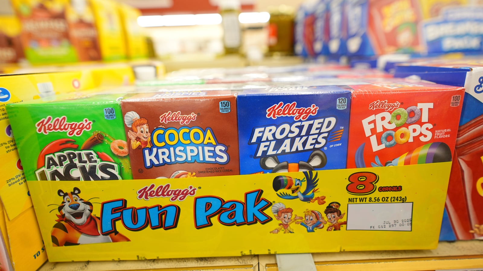 Kellogg's cereal products are shown at a grocery store in Richardson, Texas, Friday, July 11, 2025. (AP Photo/LM Otero)