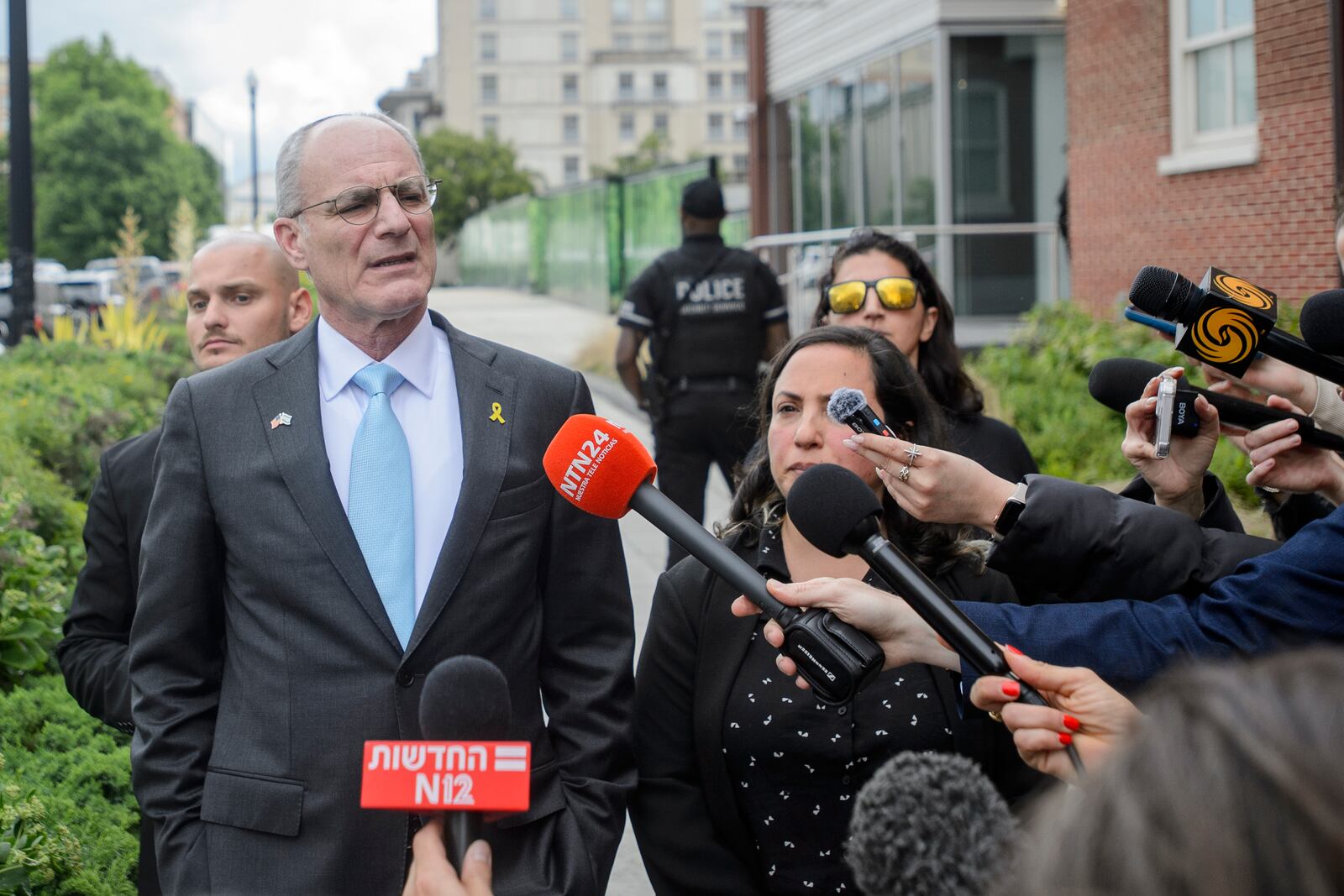 Israeli Ambassador to the U.S. Yechiel Leiter talks with reporters Thursday, May 22, 2025, after two staff members of the Israeli Embassy in Washington were killed outside the Capital Jewish Museum on Wednesday night, in Washington. (AP Photo/Rod Lamkey, Jr.)