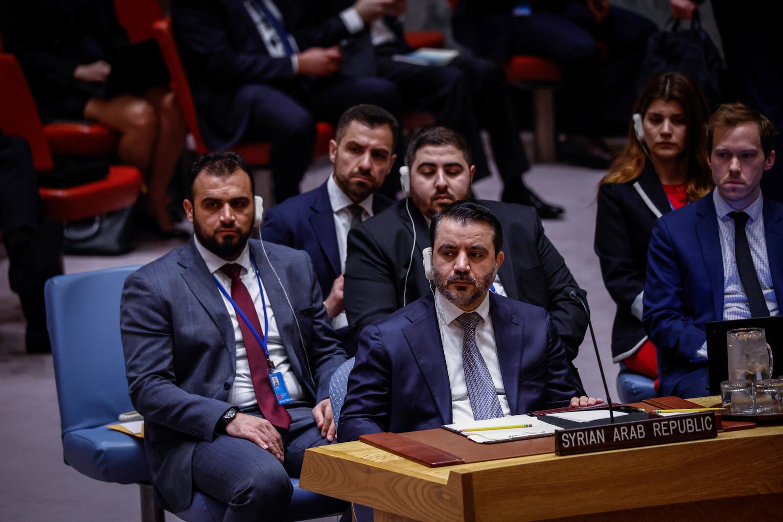 Syria's Foreign Minister Asaad Al-Shibani attends a Security Council meeting at United Nations Headquarters on Friday, April 25, 2025. (AP Photo/Kena Betancur)