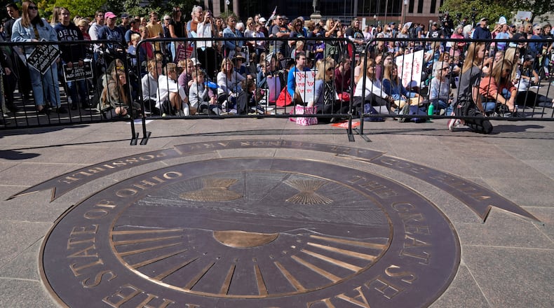File - Demonstrators at the “Ohio March for Life” to support ending abortion access in Ohio at the Statehouse in Columbus, Ohio on Wednesday, Oct. 5, 2022. (Barbara Perenic /The Columbus Dispatch via AP)