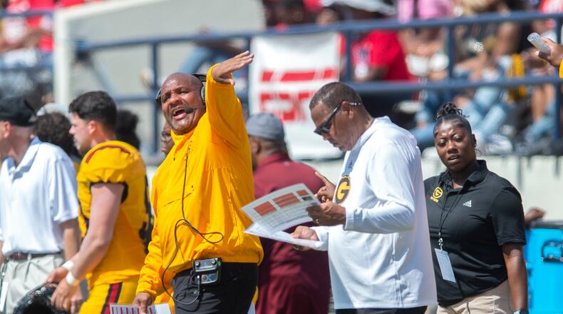 Grambling coach Hue Jackson yells for his punt returner to move back during the first half of an NCAA college football game in Jackson, Miss., Saturday, Sept. 17, 2022. (Barbara Gauntt/The Clarion-Ledger via AP)