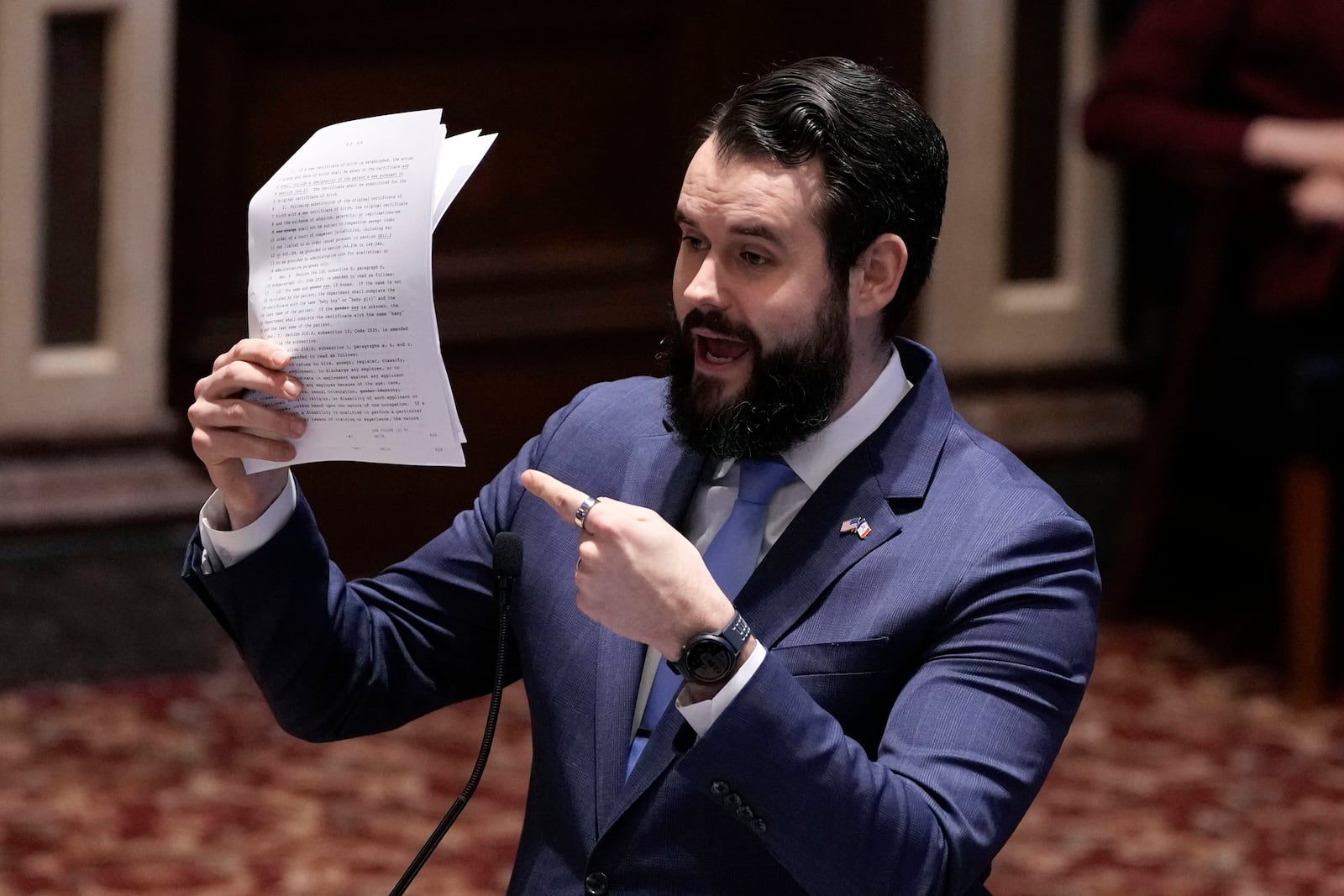 FILE - Sen. Zach Wahls, D-Coralville, speaks during debate on the gender identity bill, Feb. 27, 2025, at the Statehouse in Des Moines, Iowa. (AP Photo/Charlie Neibergall, File)
