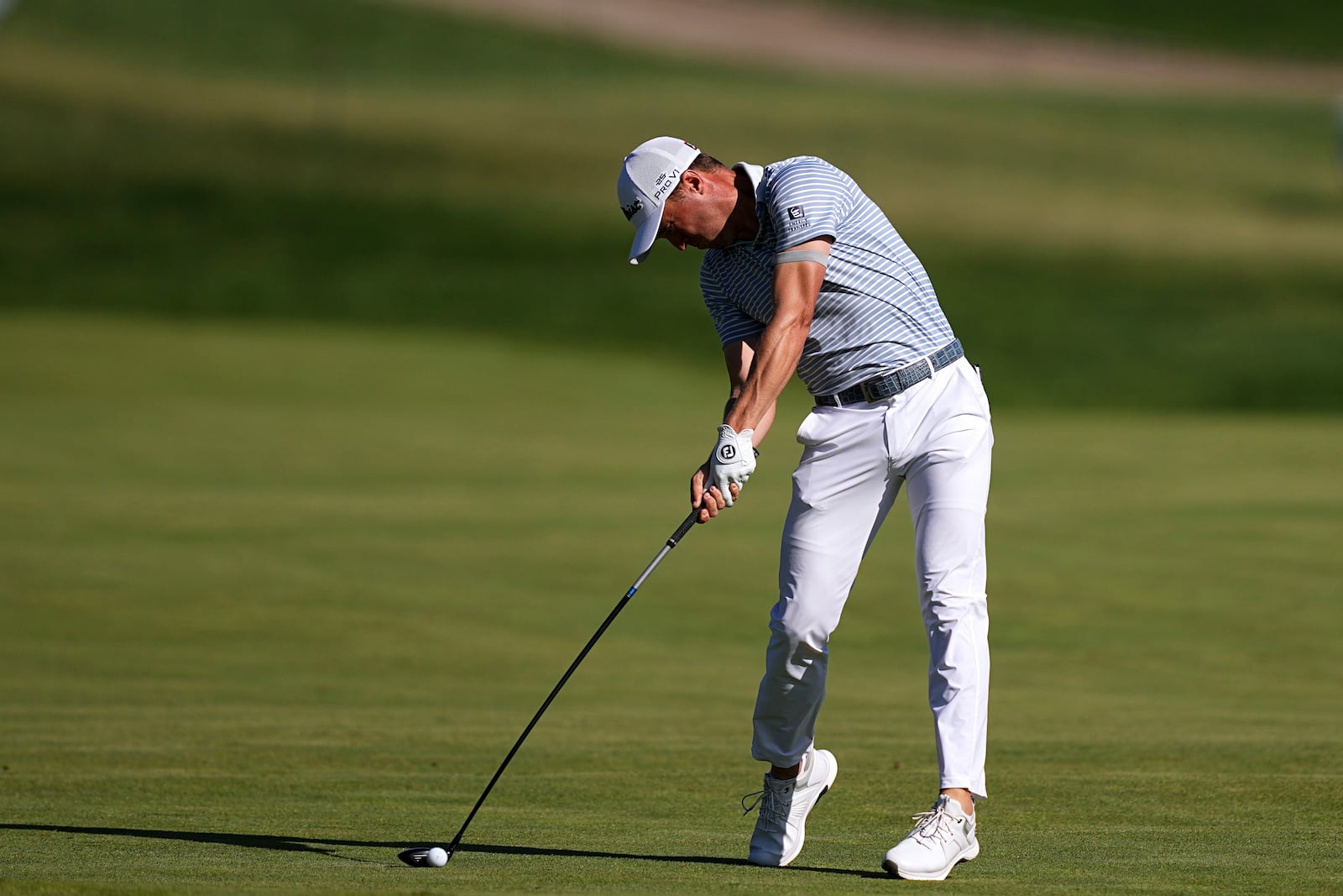 Justin Thomas hits on the 15th hole during the third round of the Truist Championship golf tournament at the Philadelphia Cricket Club, Saturday, May 10, 2025, in Flourtown. (AP Photo/Matt Rourke)