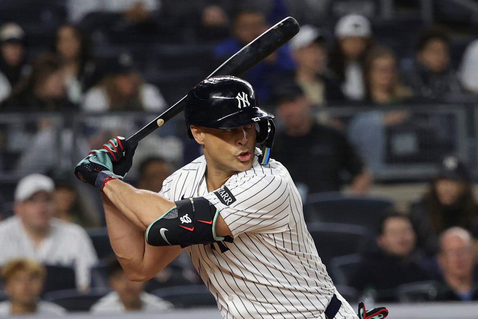 New York Yankees' Giancarlo Stanton bats during the sixth inning of a baseball game against the Los Angeles Angels, Monday, June 16, 2025, in New York. (AP Photo/Pamela Smith)