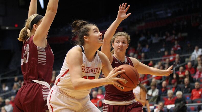 Dayton's Julia Chandler looks for a shot against Indianapolis on Thursday, Nov. 1, 2018, at UD Arena.