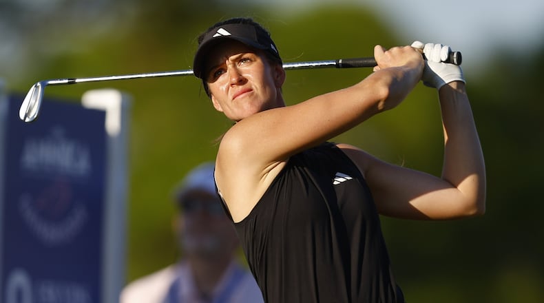Linn Grant tees off on the ninth hole during round two of the Annika LPGA tournament on Friday, Nov. 14, 2025, in Belleair, Fla. (Luis Santana/Tampa Bay Times via AP)