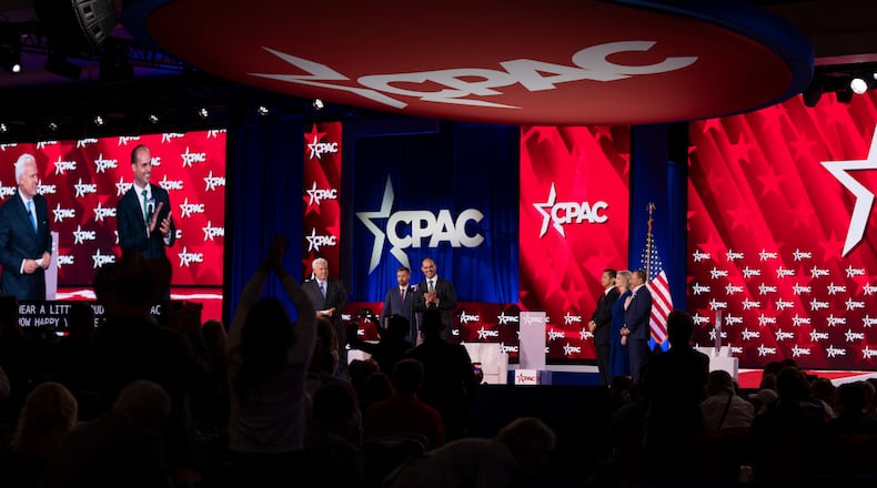 Brazilian Congressman Eduardo Bolsonaro applauds during the Conservative Political Action Conference, CPAC in Dallas, Friday, March 27, 2026. (AP Photo/Gabriela Passos)