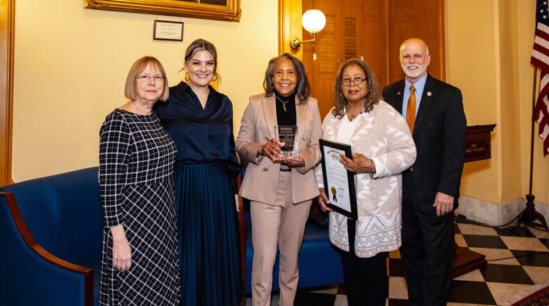 Ohio Humanities honored and recognized the Gammon House in Springfield as a finalists for the Descutner-Burnier Award. In this photo (left to right) is donor DeLysa Burnier, Ohio Humanities Executive Director Rebecca Brown Asmo, Gammon House board members Dorris Daniel and Gail Grant, and Senator Kyle Koehler. Contributed