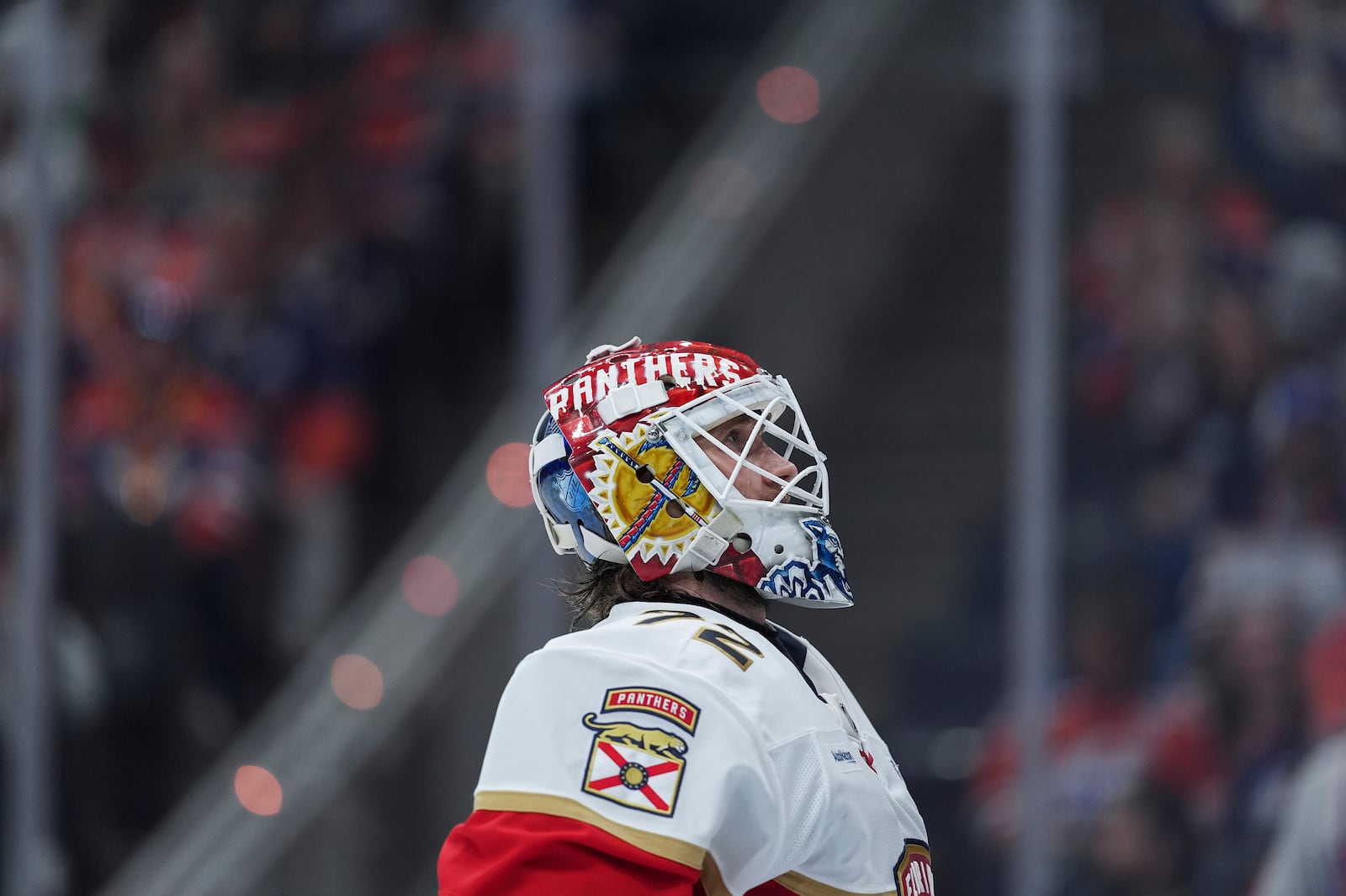 Florida Panthers goalie Sergei Bobrovsky looks on during a stoppage in play during the second period in Game 2 of the NHL Stanley Cup Final against the Edmonton Oilers, in Edmonton, on Friday, June 6, 2025. (Darryl Dyck/The Canadian Press via AP)
