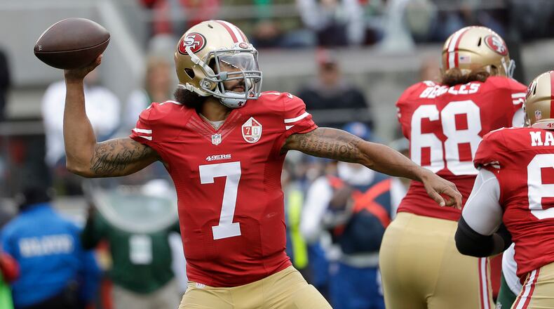 FILE - In this Dec. 11, 2016, file photo, San Francisco 49ers quarterback Colin Kaepernick (7) passes against the New York Jets during the first half of an NFL football game in Santa Clara, Calif. (AP Photo/Marcio Jose Sanchez, File)