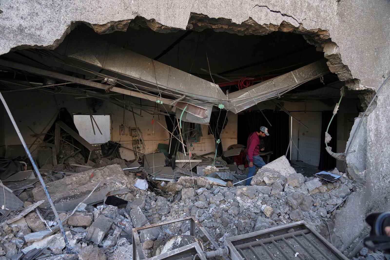 The outpatient and laboratory wards of the Al-Ahli Arab Baptist hospital are seen after being hit by an Israeli army strike late Saturday, following a warning issued by the army to evacuate patients, in Gaza City, Sunday, April 13, 2025. (AP Photo/Jehad Alshrafi)