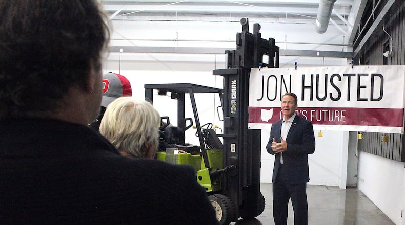 Ohio Secretary of State Jon Husted tells supporters his vision for Ohio at a campaign stop at K. K. Tool Company in Springfield. Husted is running for lieutenant governor on a ticket with Ohio Attorney General Mike DeWine. JEFF GUERINI/STAFF