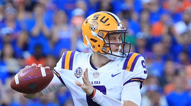 GAINESVILLE, FL - OCTOBER 06: Joe Burrow #9 of the LSU Tigers attempts a pass during the game against the Florida Gators at Ben Hill Griffin Stadium on October 6, 2018 in Gainesville, Florida. (Photo by Sam Greenwood/Getty Images)