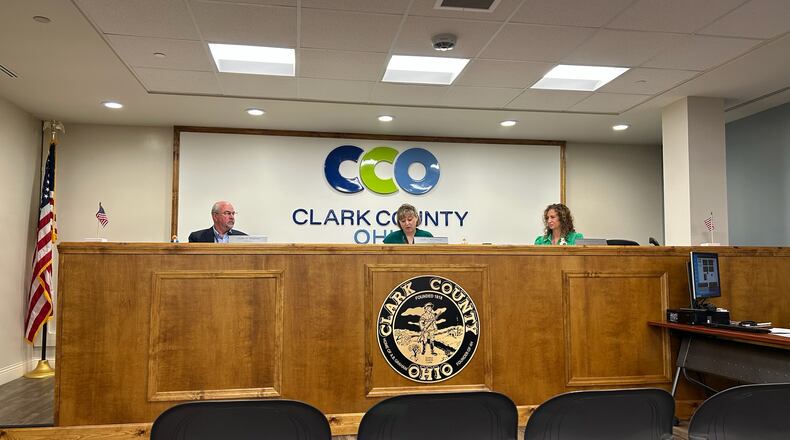 Clark County Commissioners Charles Patterson, President Sasha Rittenhouse and Melanie Flax Wilt during the Aug. 6 meeting. Brooke Spurlock/Staff