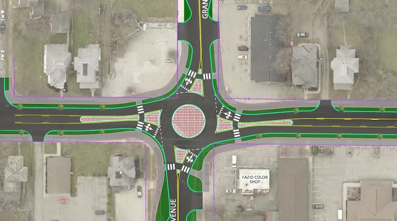 An artist’s rendering of the proposed roundabout at South Limestone Street and Grand Avenue in Springfield. CONTRIBUTED PHOTO/Clark County-Springfield Transportation Coordinating Committee