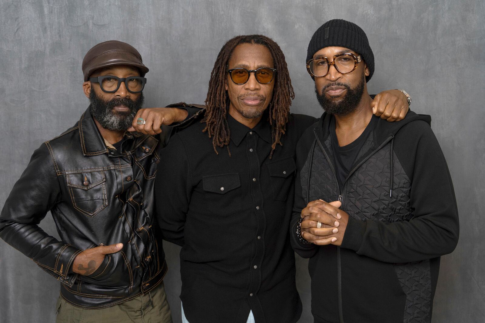 FILE - D'Wayne Wiggins, from left, Raphael Saadiq and Timothy Christian Riley of Tony! Toni! Tone! pose for a portrait on Sept. 27, 2023, in New York. (AP Photo/Gary Gerard Hamilton, File)