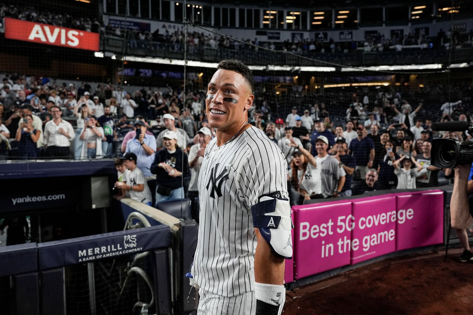 New York Yankees designated hitter Aaron Judge looks on after winning a baseball game against the Seattle Mariners, Thursday, July 10, 2025, in New York. (AP Photo/Yuki Iwamura)