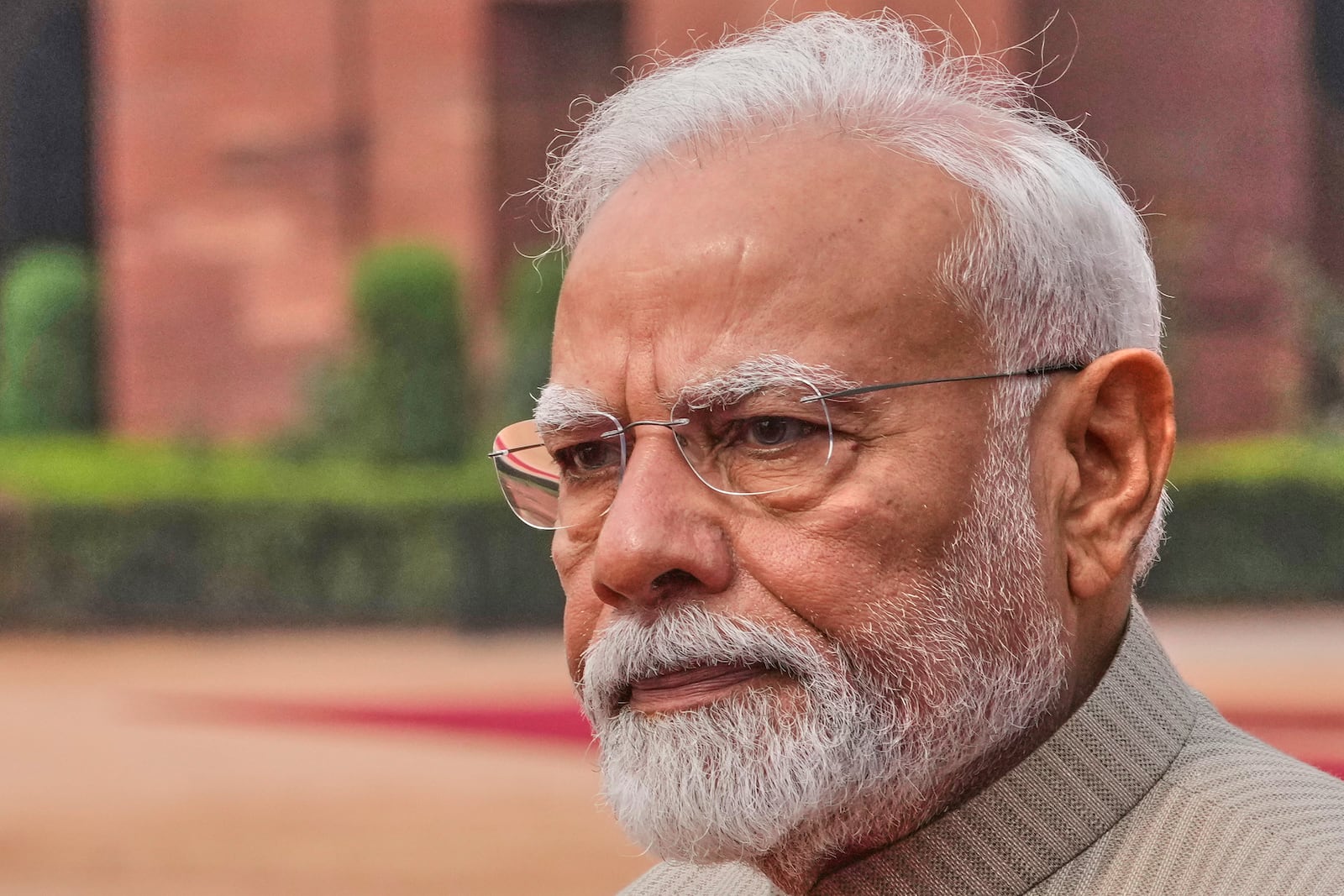 Indian Prime Minister Narendra Modi arrives for the ceremonial reception of the visiting Angol's President João Lourenco at the Indian presidential palace in New Delhi, India, Saturday, May 3, 2025.(AP Photo/Manish Swarup)