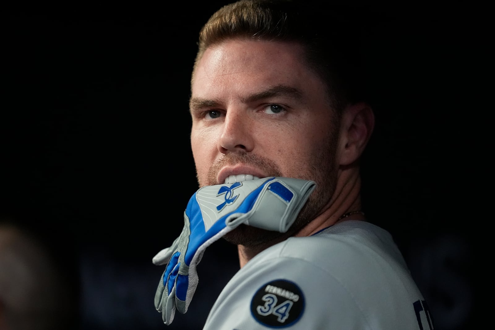 Los Angeles Dodgers' Freddie Freeman (5) prepares to head to the plate in the first inning of a baseball game against the Atlanta Braves, Saturday, May 3, 2025, in Atlanta. (AP Photo/Mike Stewart)