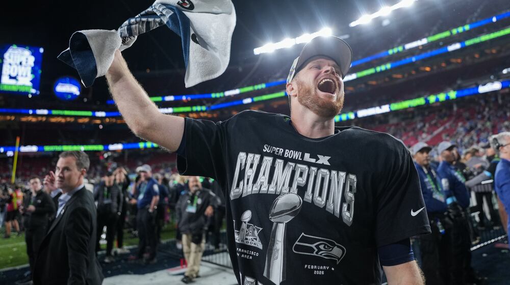 Seattle Seahawks quarterback Sam Darnold celebrates after a win over the New England Patriots in the NFL Super Bowl 60 football game, Sunday, Feb. 8, 2026, in Santa Clara, Calif. (AP Photo/Matt Slocum)