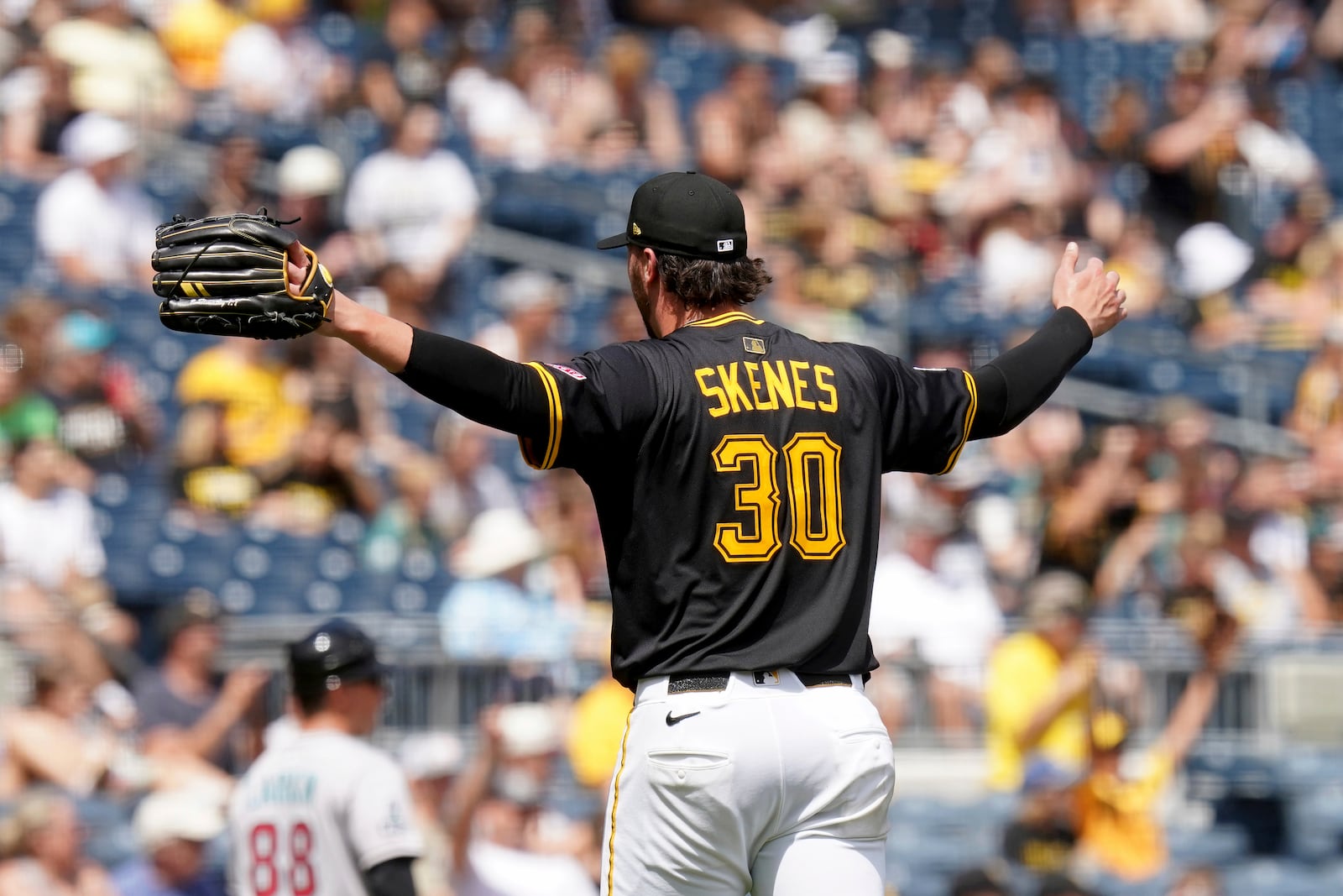Pittsburgh Pirates pitcher Paul Skenes reacts after getting Arizona Diamondbacks' Adrian Del Castillo to fly out during the sixth inning of a baseball game Sunday, July 27, 2025, in Pittsburgh. (AP Photo/Matt Freed)