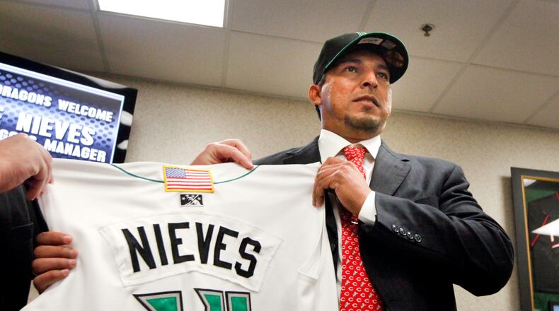 Jose Nieves was introduced as the Dayton Dragons new manager during a news conference Friday, February 8, at Fifth Third Field. Nieves played five years in the majors at shortstop and second baseman. He was on the World Series-winning Anaheim Angels squad in 2002. CHRIS STEWART / STAFF